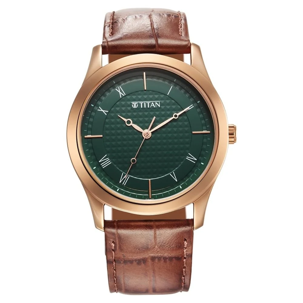 Titan Karishma Quartz Analog Green Dial Brown Leather Strap Watch for Men - NT1823WL02