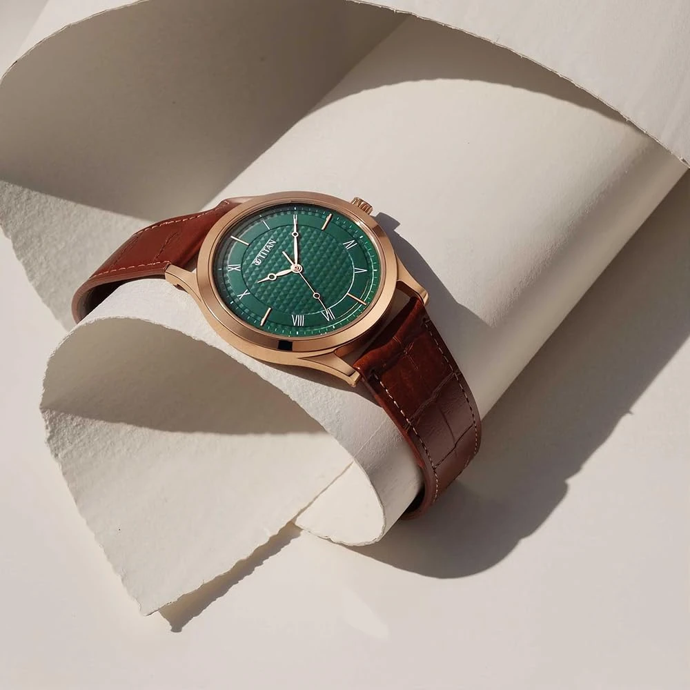 Titan Karishma Quartz Analog Green Dial Brown Leather Strap Watch for Men - NT1823WL02 - Image 2