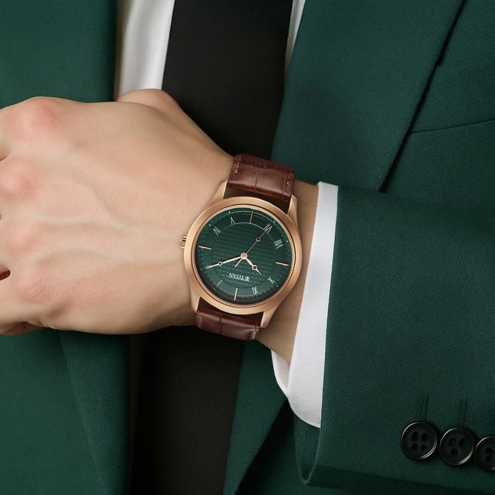 Titan Karishma Quartz Analog Green Dial Brown Leather Strap Watch for Men - NT1823WL02 - Image 3