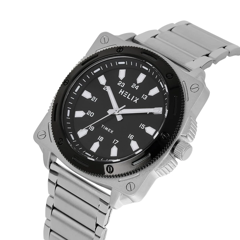 Helix By Timex Analog Watch for man with Black Round Dial & Silver Stainless Steel Bracelet Band Water Resistant Men's Wrist Watches - TW062HG02T - Image 2
