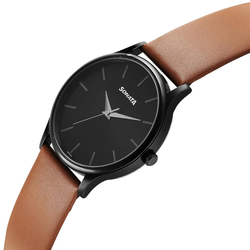 Sonata Aspire Quartz Analog Black Dial Tan Leather Strap Watch for Men - NT77105NL09W - Image 2