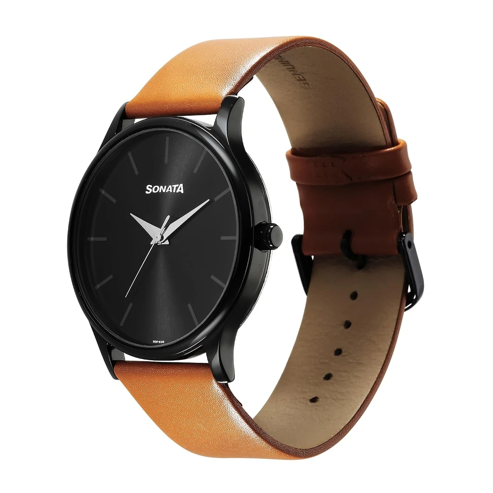 Sonata Aspire Quartz Analog Black Dial Tan Leather Strap Watch for Men - NT77105NL09W - Image 3
