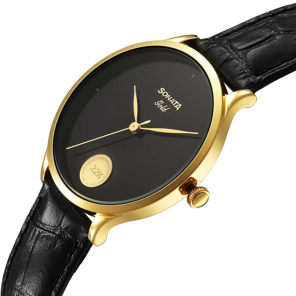 Sonata Gold Quartz Analog Black Dial Leather Strap Watch for Men - Image 2