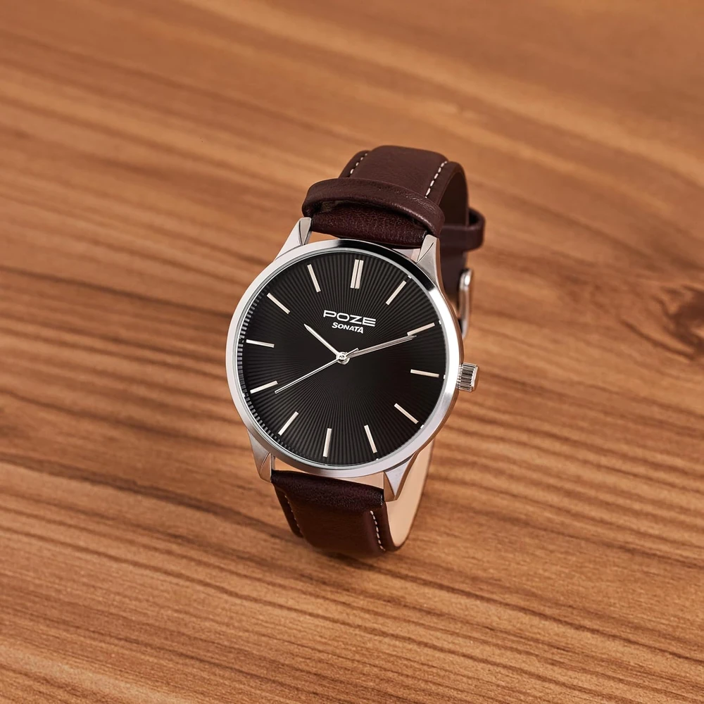 Sonata Poze Quartz Black Dial Brown Leather Strap Analog Watch for Men-SP70046SL01W - Image 2