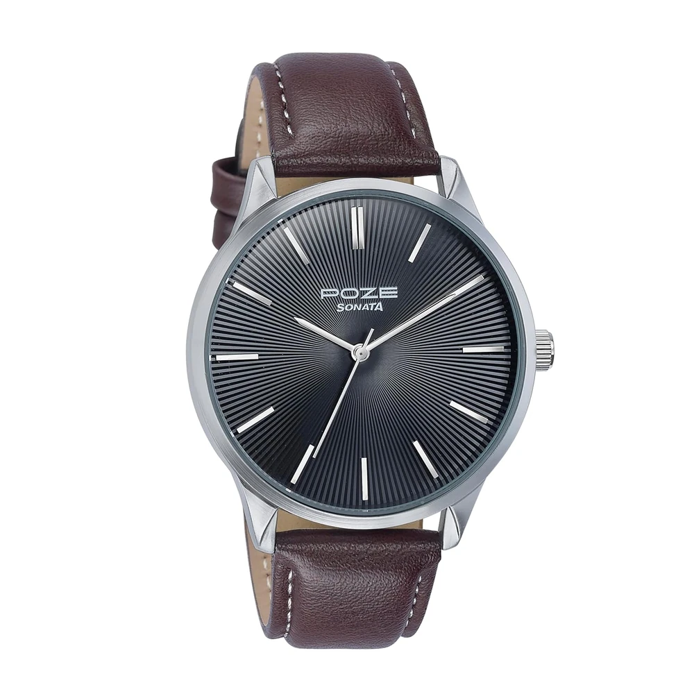 Sonata Poze Quartz Black Dial Brown Leather Strap Analog Watch for Men-SP70046SL01W - Image 3