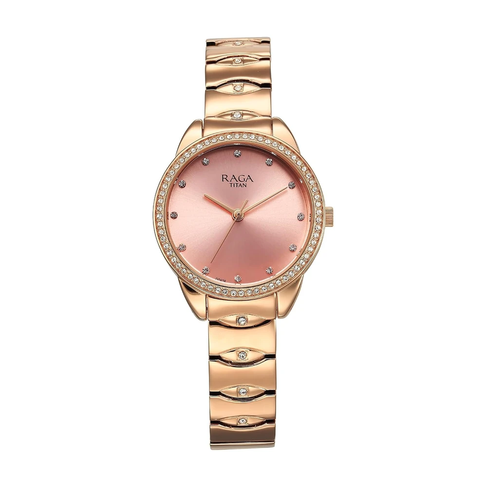 Titan Raga Showstopper Quartz Analog Pink Dial Rose Gold Metal Strap Watch for Women - NT95281WM01