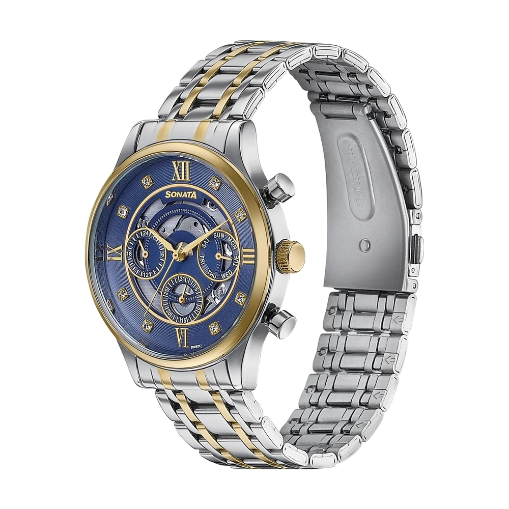 Sonata Wedding Edit Quartz Multifunction Blue Dial Stainless Steel Strap Watch for Men - Image 3