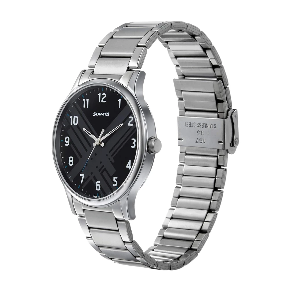 Sonata Smart Plaid Quartz Analog Black Dial Silver Stainless Steel Strap Watch for Men - NT77105SM02W - Image 2