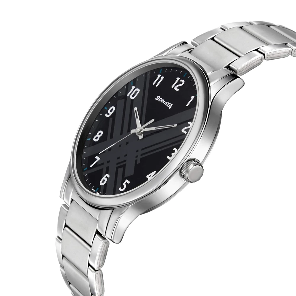 Sonata Smart Plaid Quartz Analog Black Dial Silver Stainless Steel Strap Watch for Men - NT77105SM02W - Image 3