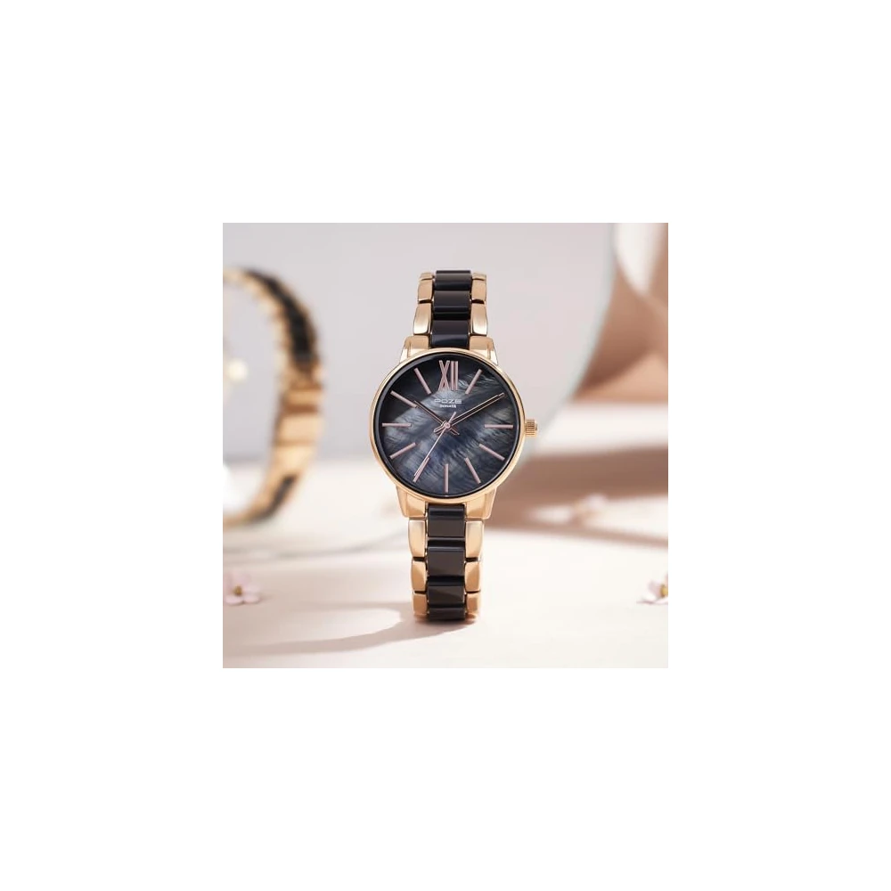 Sonata Poze Quartz Analog Mother of Pearl Dial Two Toned Black and Rose Gold Metal Strap Watch for Women - SP80051KD02W - Image 3