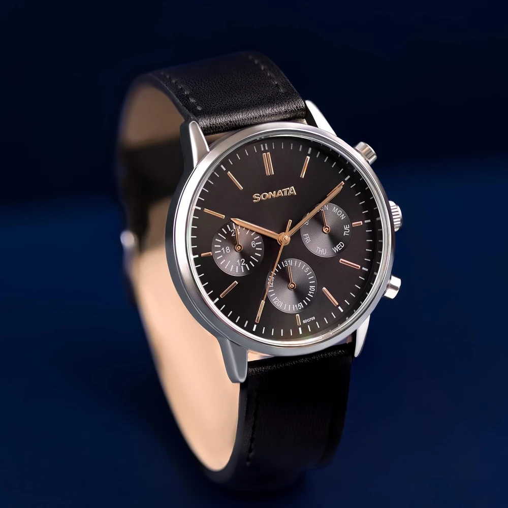 Sonata Quartz Multifunction Black Dial Black Leather Strap Watch for Men - Image 2