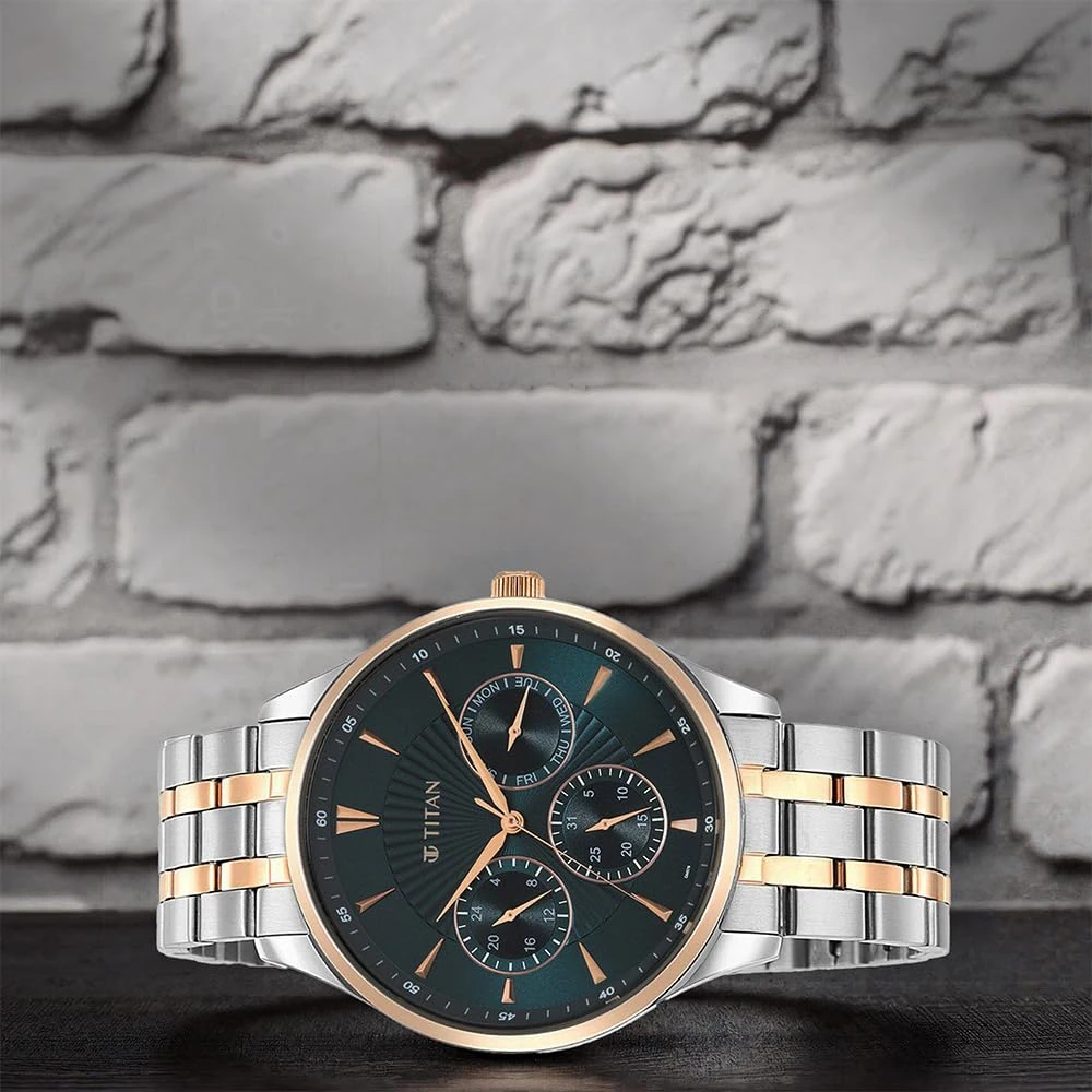 Titan Regalia Opulent LII Quartz Multifunction Teal Green Dial Two Toned Silver and Rose Gold Stainless Steel Strap Watch for Men - NT90127KM02 - Image 2