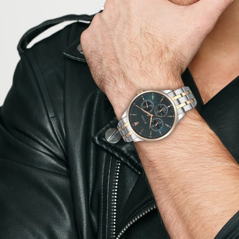 Titan Regalia Opulent LII Quartz Multifunction Teal Green Dial Two Toned Silver and Rose Gold Stainless Steel Strap Watch for Men - NT90127KM02 - Image 3