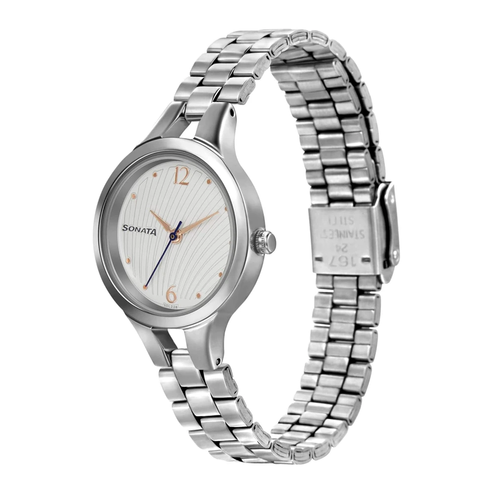Sonata Workwear Quartz Analog White Dial Silver Stainless Steel Strap Watch for Women - NT8151SM05 - Image 2
