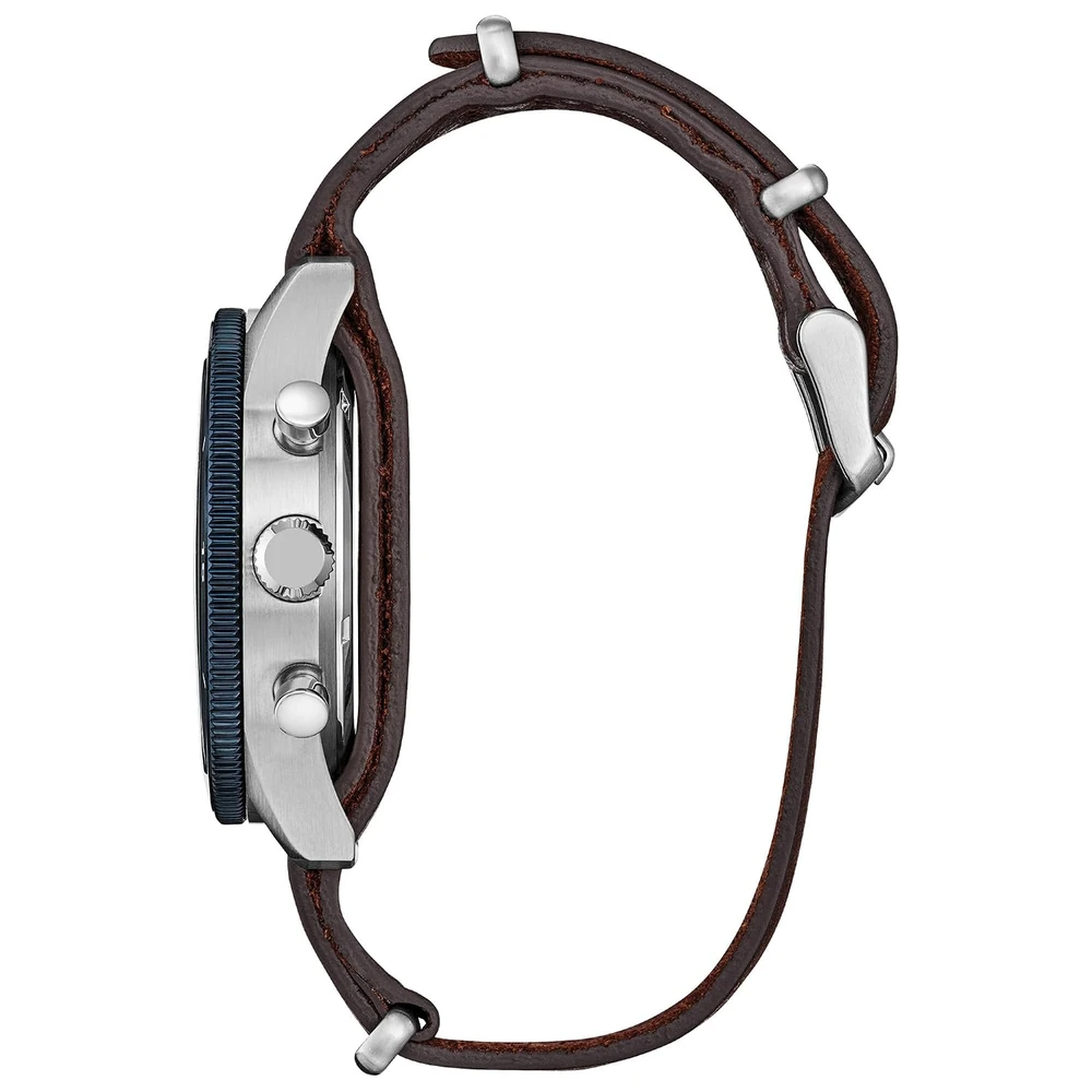 Citizen Mens Eco-Drive Terra Force Chronograph, Silver-Tone Stainless Steel Case & Brown Leather Strap, Blue Dial - Image 2
