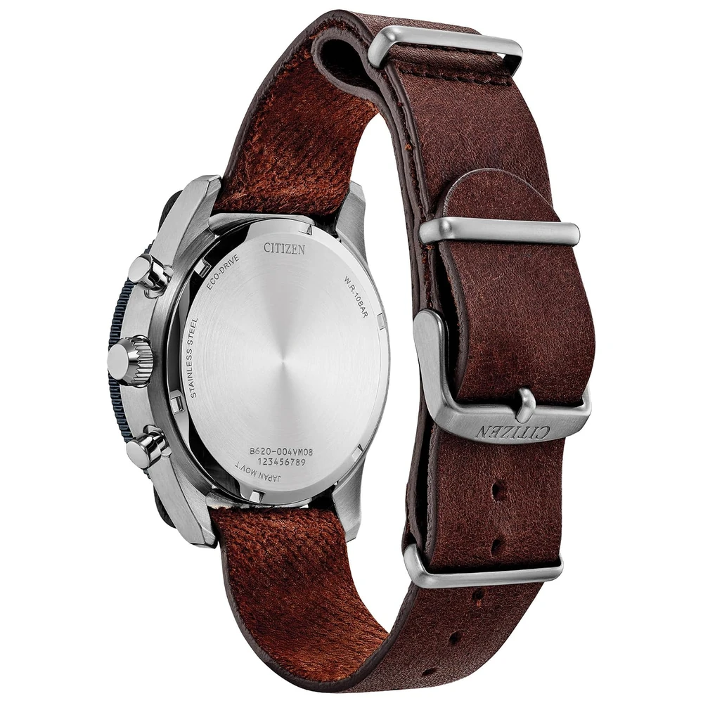 Citizen Mens Eco-Drive Terra Force Chronograph, Silver-Tone Stainless Steel Case & Brown Leather Strap, Blue Dial - Image 3