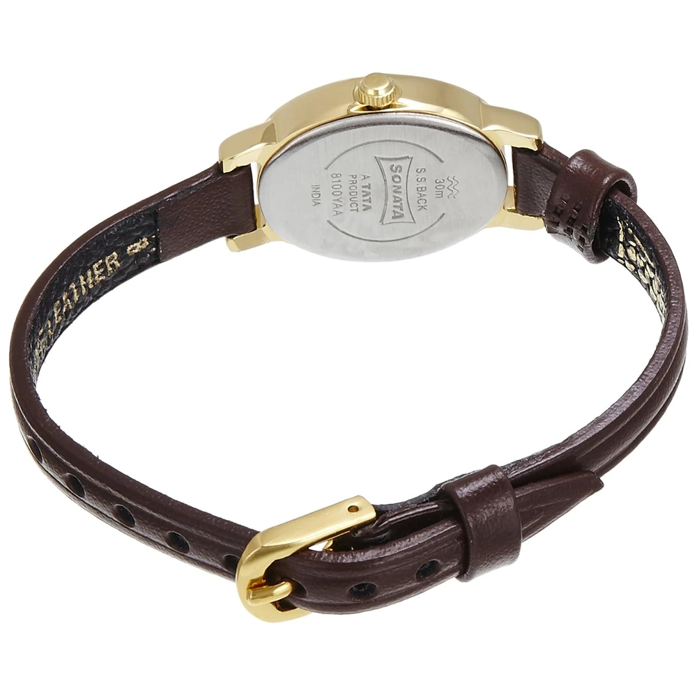 Sonata Quartz Analog Champagne Dial Leather Strap Watch for Women-NS8100YL02 - Image 2