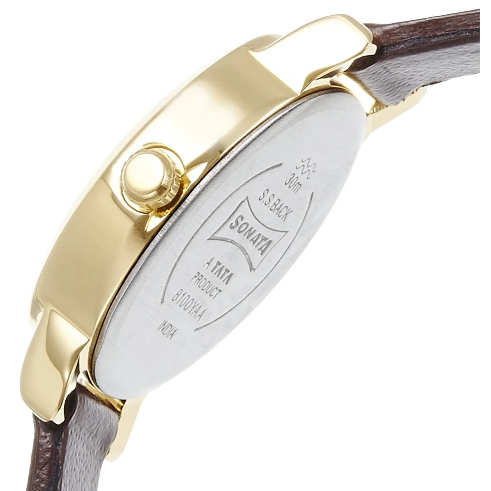 Sonata Quartz Analog Champagne Dial Leather Strap Watch for Women-NS8100YL02 - Image 3