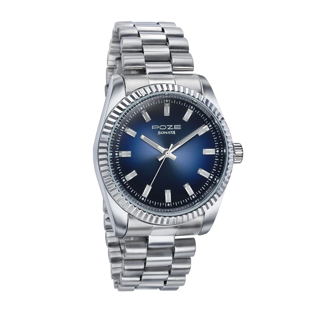 Sonata Poze Quartz Analog Blue Dial Silver Color Metal Strap Watch for Men - SP70043SM01W - Image 3