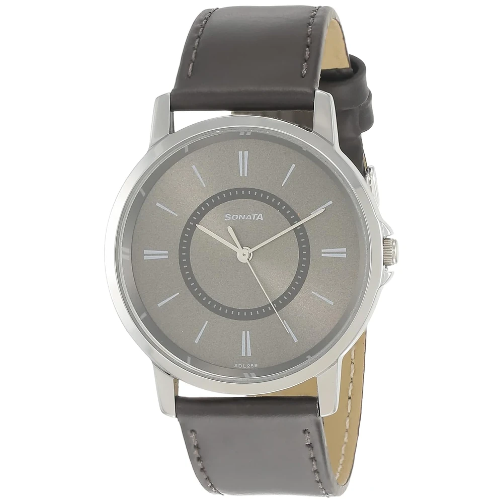 Sonata Quartz Analog Grey Dial Leather Strap Watch for Men-NS77083SL06W/NT77083SL06W
