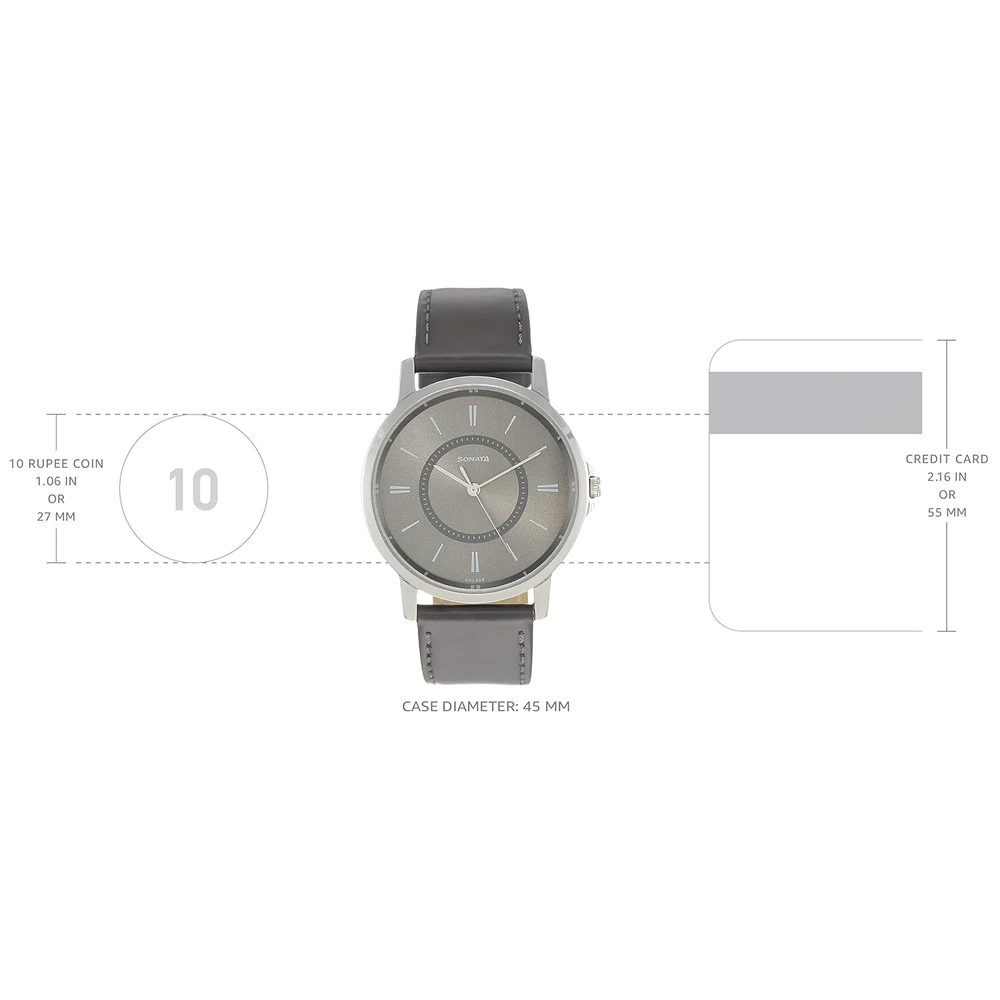 Sonata Quartz Analog Grey Dial Leather Strap Watch for Men-NS77083SL06W/NT77083SL06W - Image 3