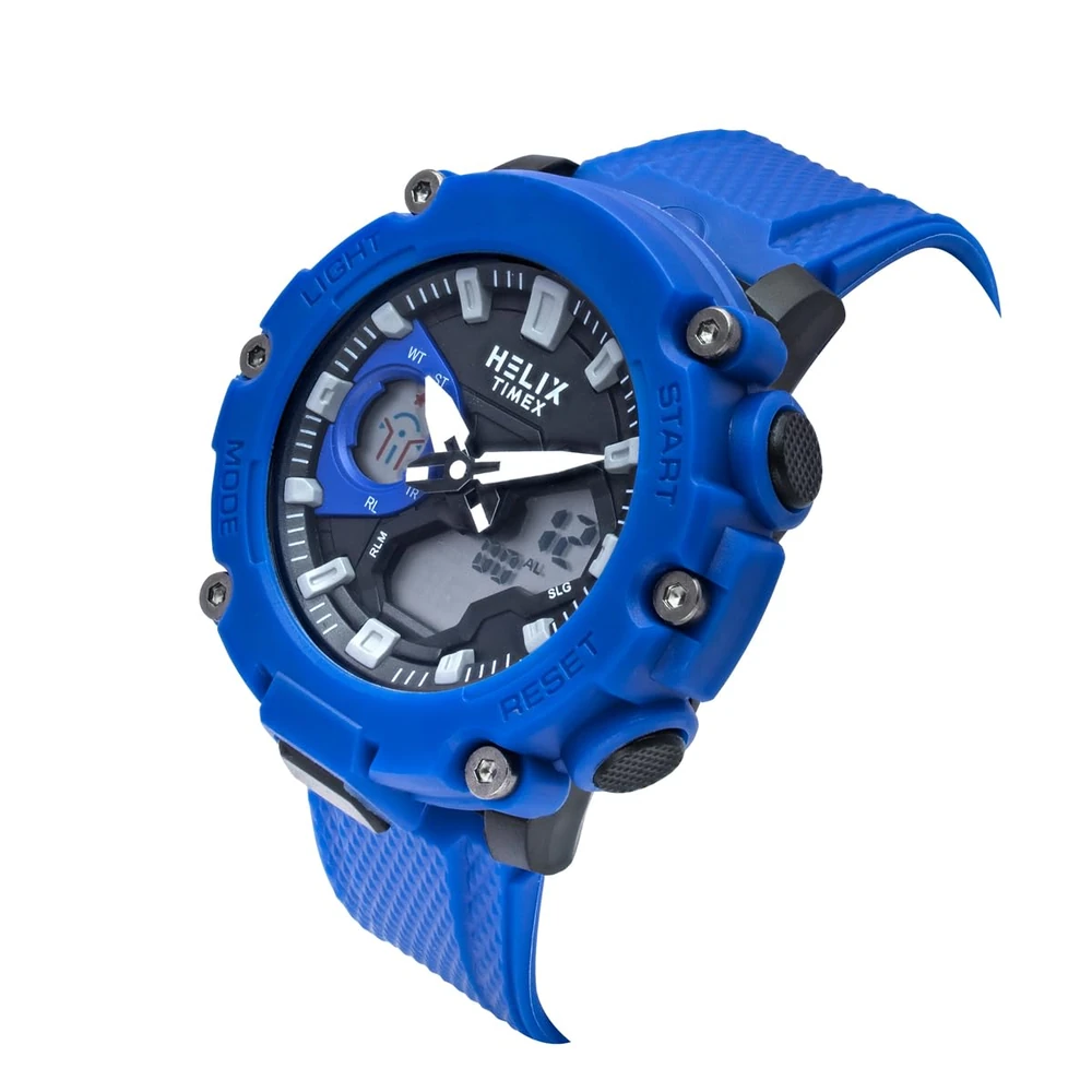 Helix by Timex Ana Digital Watch for Man with Black Round Dial & Blue Silicone Strap Band Water Resistant Men's Wrist Watches - TWESK7601T - Image 2