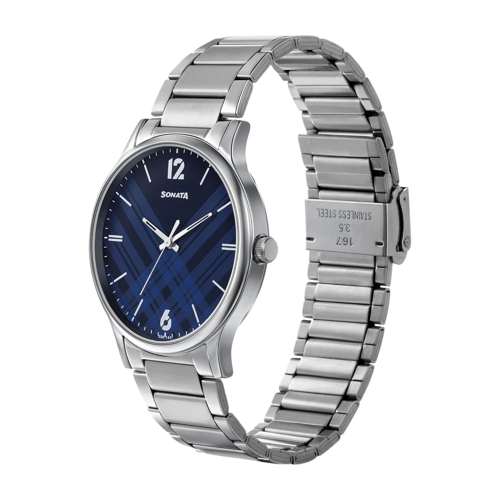 Sonata Smart Plaid Quartz Analog Blue Dial Silver Stainless Steel Strap Watch for Men - NT77105SM01W - Image 2