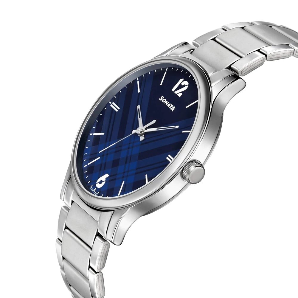 Sonata Smart Plaid Quartz Analog Blue Dial Silver Stainless Steel Strap Watch for Men - NT77105SM01W - Image 3