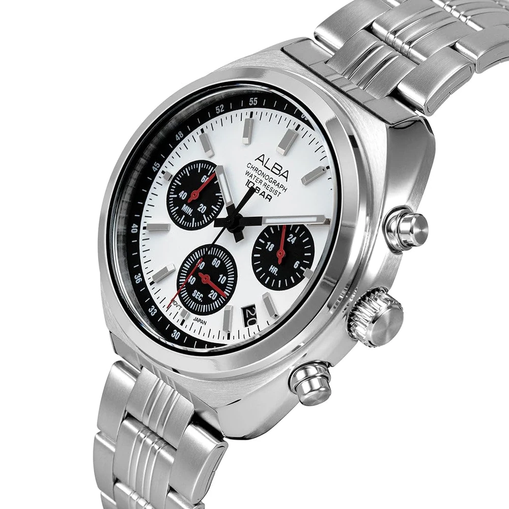 ALBA AT3K11X1 Chronograph Analog Watch for Men | Seashell White Panda Dial | Japanese Quartz VD53 Movement | Stainless Steel Bracelet | 1/10 Second Chronograph | Date Display | 10 BAR Water Resistant | Mineral Crystal - Image 2
