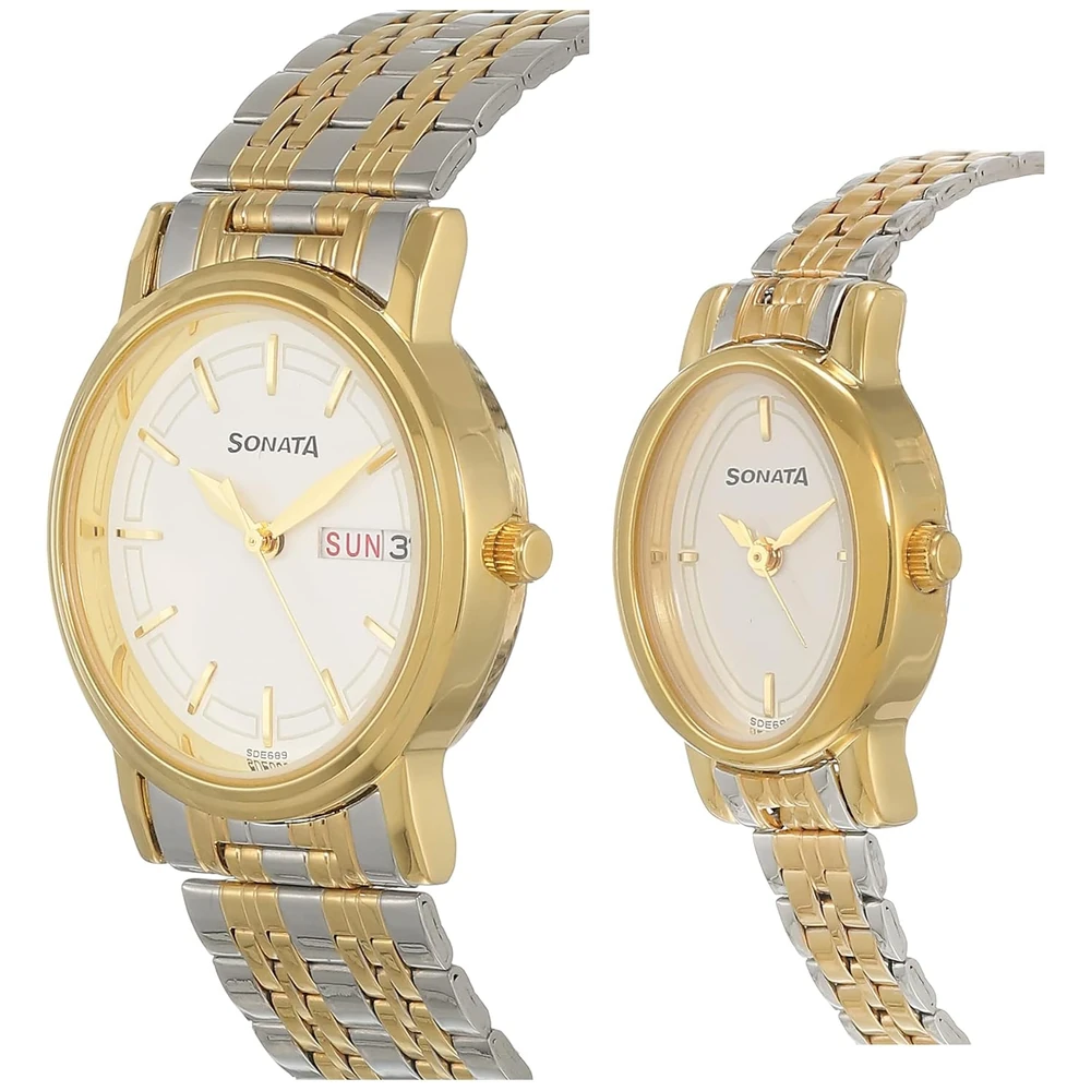 Sonata Bandhan Quartz Analog With Day & Date White Dial Two Toned Silver & Gold Stainless Steel Strap Watch for Couple - NT11418100BM01 - Image 2