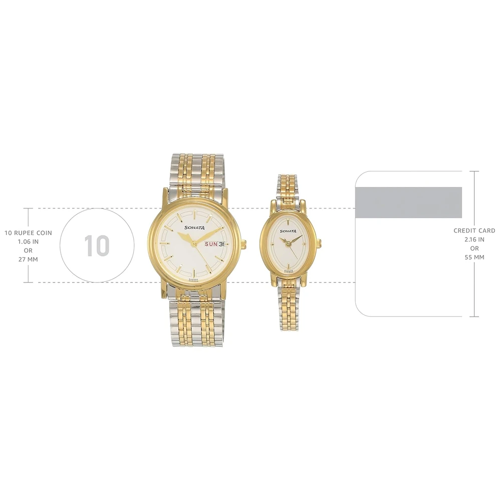 Sonata Bandhan Quartz Analog With Day & Date White Dial Two Toned Silver & Gold Stainless Steel Strap Watch for Couple - NT11418100BM01 - Image 3