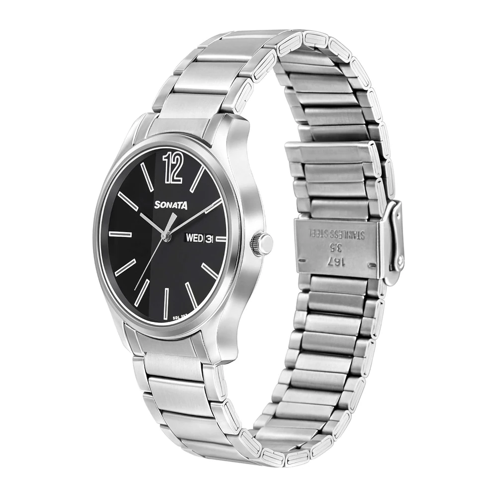 Sonata Essentials Quartz Analog with Day and Date Black Dial Silver Stainless Steel Strap Watch for Men - NT77082SM03W - Image 2