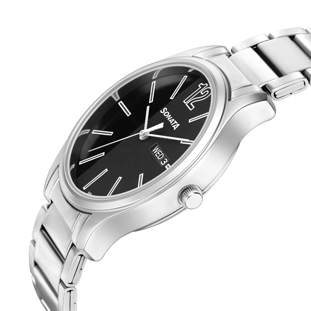 Sonata Essentials Quartz Analog with Day and Date Black Dial Silver Stainless Steel Strap Watch for Men - NT77082SM03W - Image 3