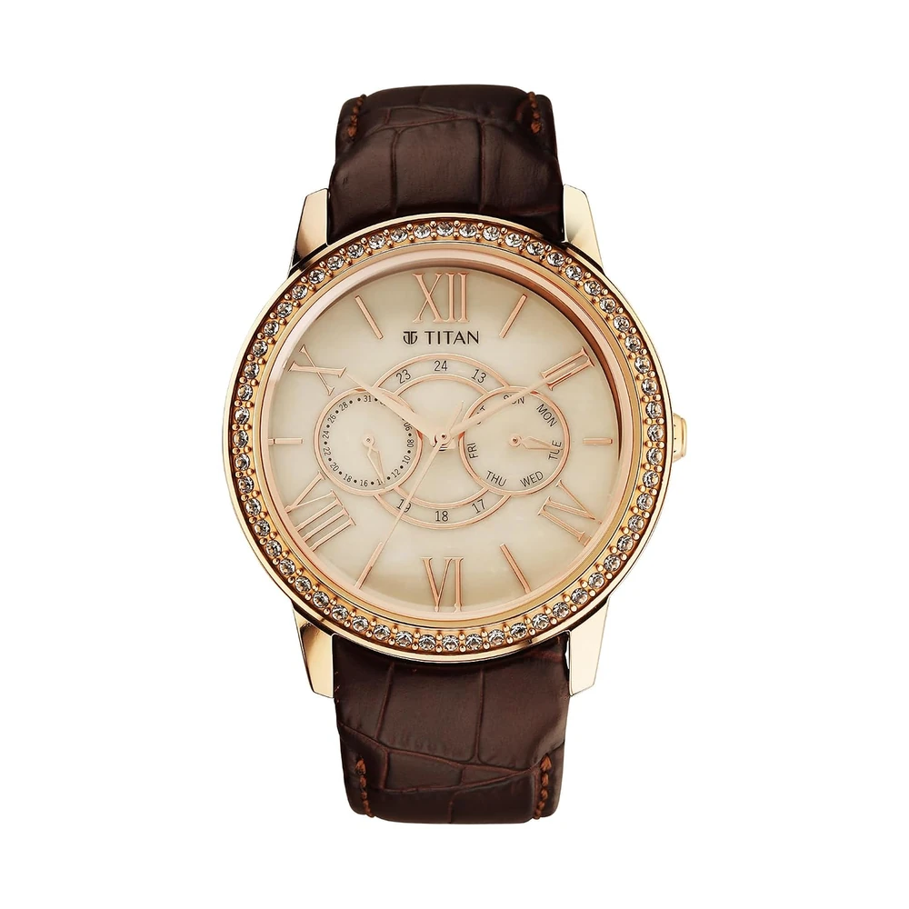 Titan Royale Quartz Multifunction Beige Dial Brown Leather Strap Watch for Men - NT10002WL01