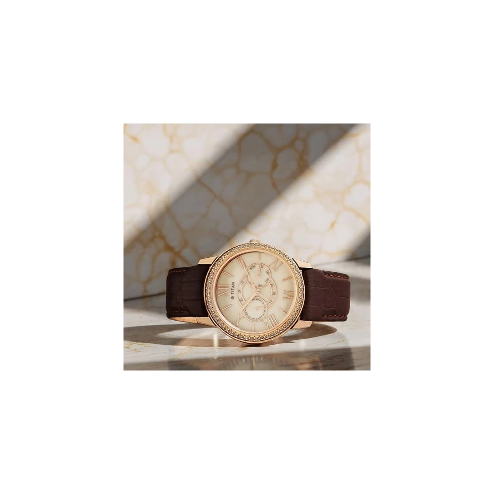 Titan Royale Quartz Multifunction Beige Dial Brown Leather Strap Watch for Men - NT10002WL01 - Image 3