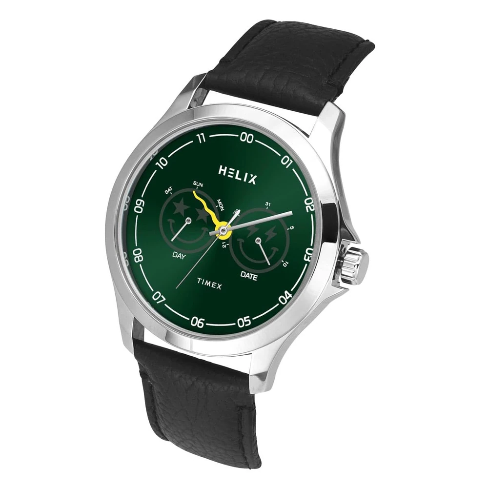 Helix by Timex Analog Watch for Man with Green Round Dial & Black Leather Strap Band Water Resistant Men's Wrist Watches - TW055HG03 - Image 2