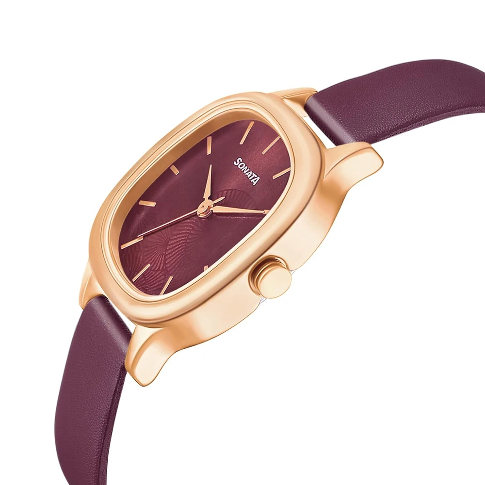 Sonata Linnea Quartz Analog Maroon Dial Maroon Leather Strap Watch for Women - NT8173WL01 - Image 3