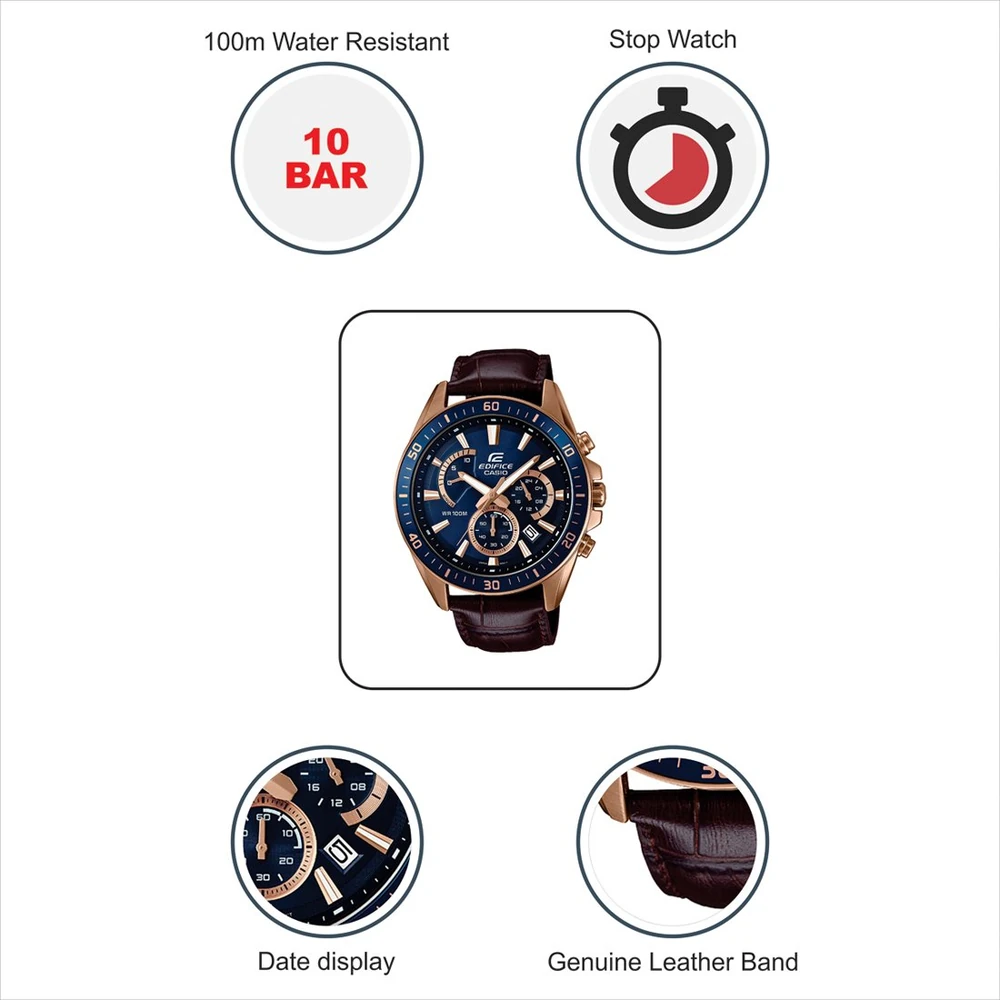 Casio EDifice EFR-552GL-2AVUDF Blue Analog Dial Brown Leather Band Men's Watch Chronograph 100M Water Resistant EX358 - Image 2