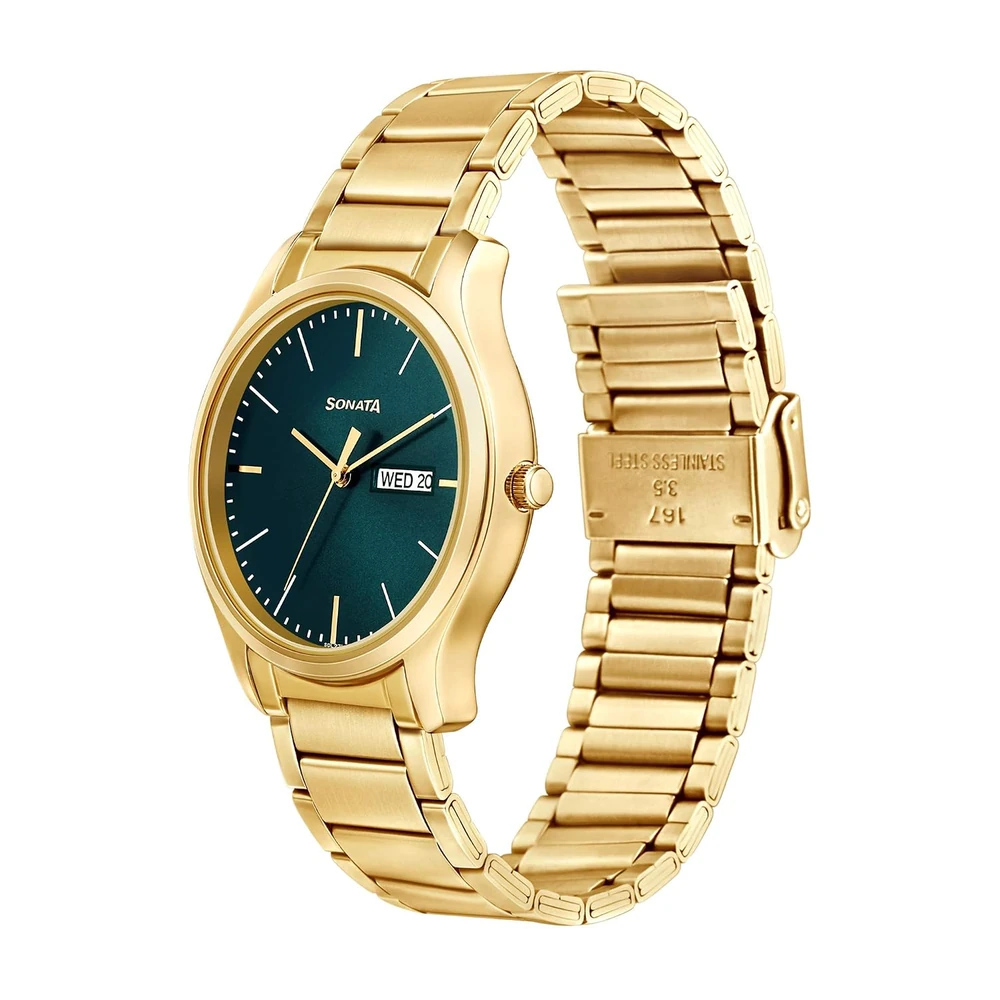 Sonata Essentials Quartz Analog with Day and Date Forest Green Dial Gold Stainless Steel Strap Watch for Men - NT77082YM05W - Image 2
