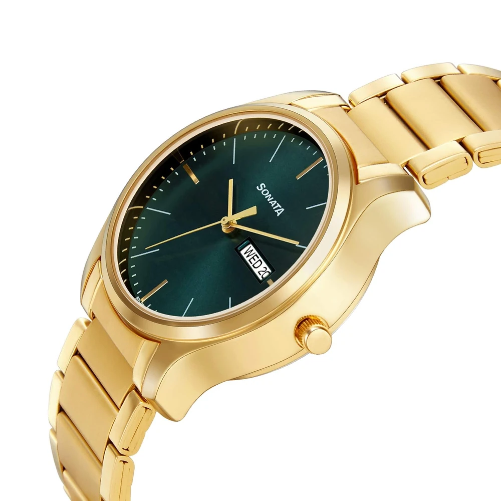 Sonata Essentials Quartz Analog with Day and Date Forest Green Dial Gold Stainless Steel Strap Watch for Men - NT77082YM05W - Image 3