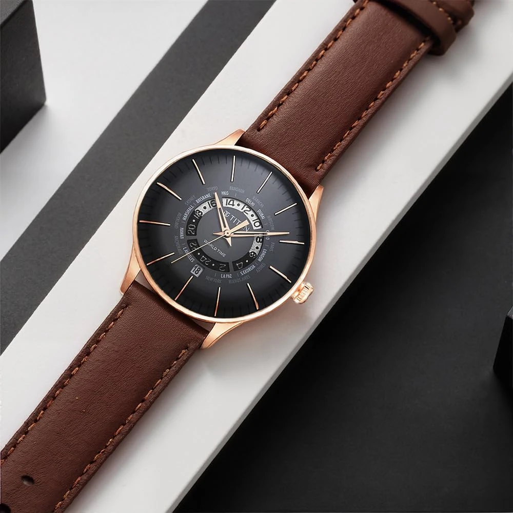 Titan World Time Quartz Analog with Date Black Dial Brown Leather Strap Watch for Men - NT90145WL01 - Image 2