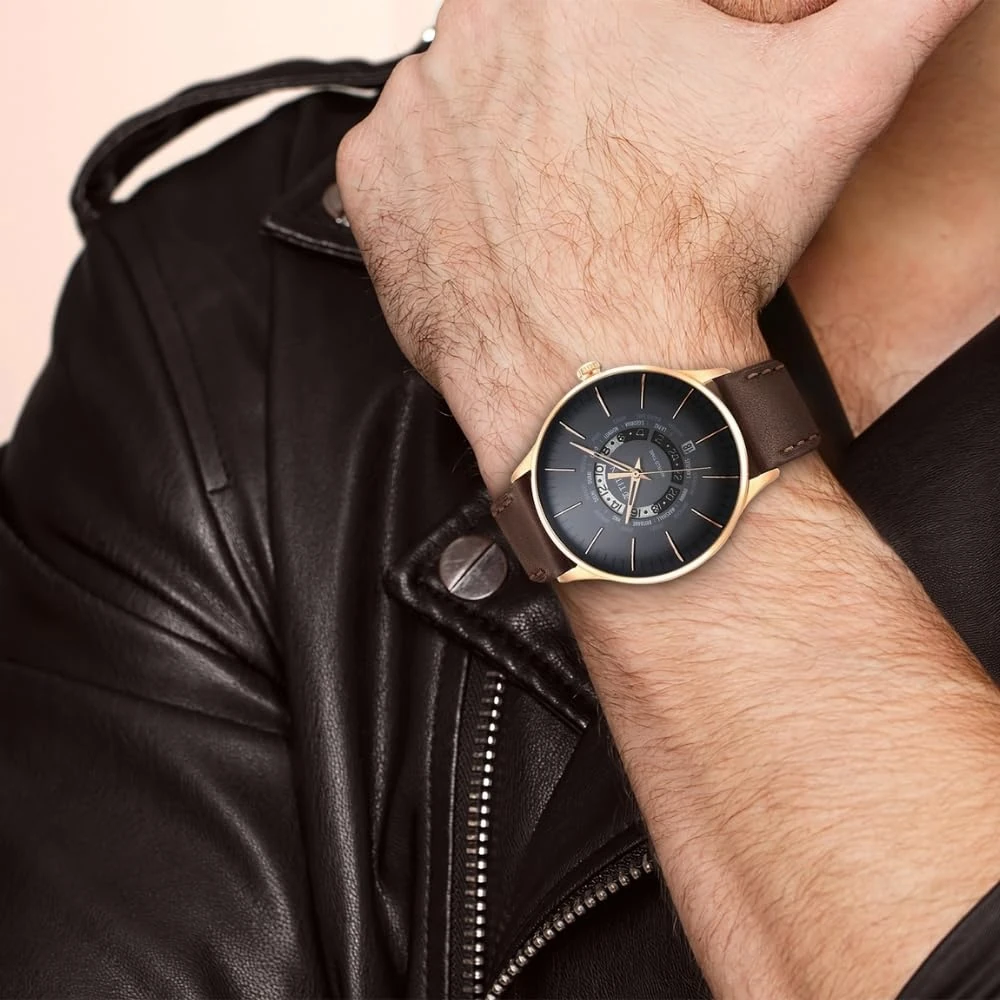 Titan World Time Quartz Analog with Date Black Dial Brown Leather Strap Watch for Men - NT90145WL01 - Image 3