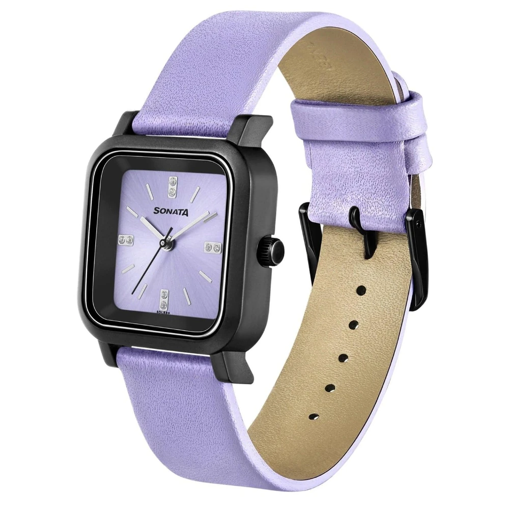 Sonata Plain 3 Hands Plastic Purple Square Dial Purple Colour Leather Strap Womens Watch - 87037PL03W - Image 2