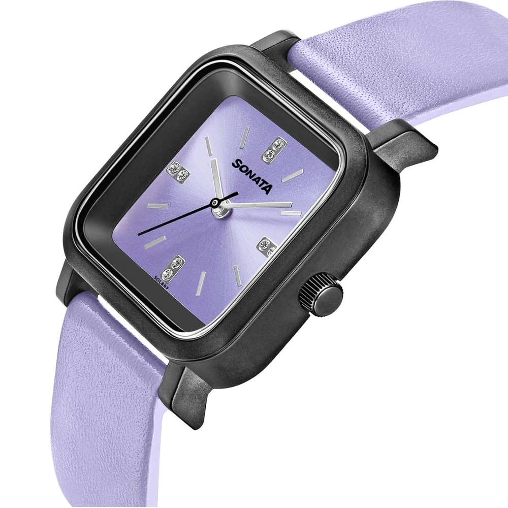 Sonata Plain 3 Hands Plastic Purple Square Dial Purple Colour Leather Strap Womens Watch - 87037PL03W - Image 3