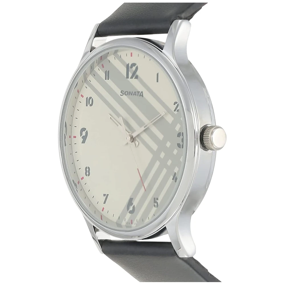Sonata Smart Plaid Quartz Analog White Dial Black Leather Strap Watch for Men - NT77105SL01W - Image 2
