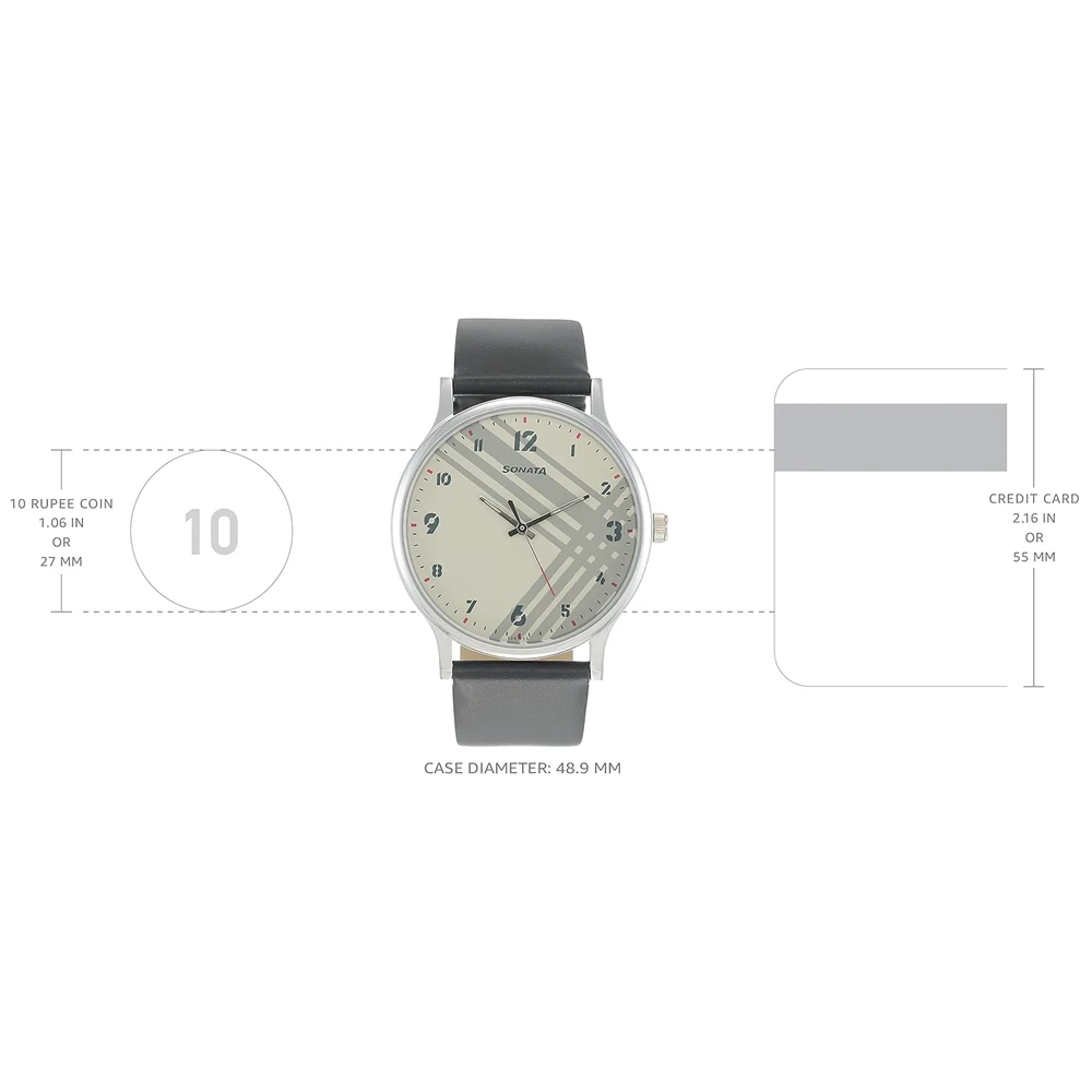 Sonata Smart Plaid Quartz Analog White Dial Black Leather Strap Watch for Men - NT77105SL01W - Image 3