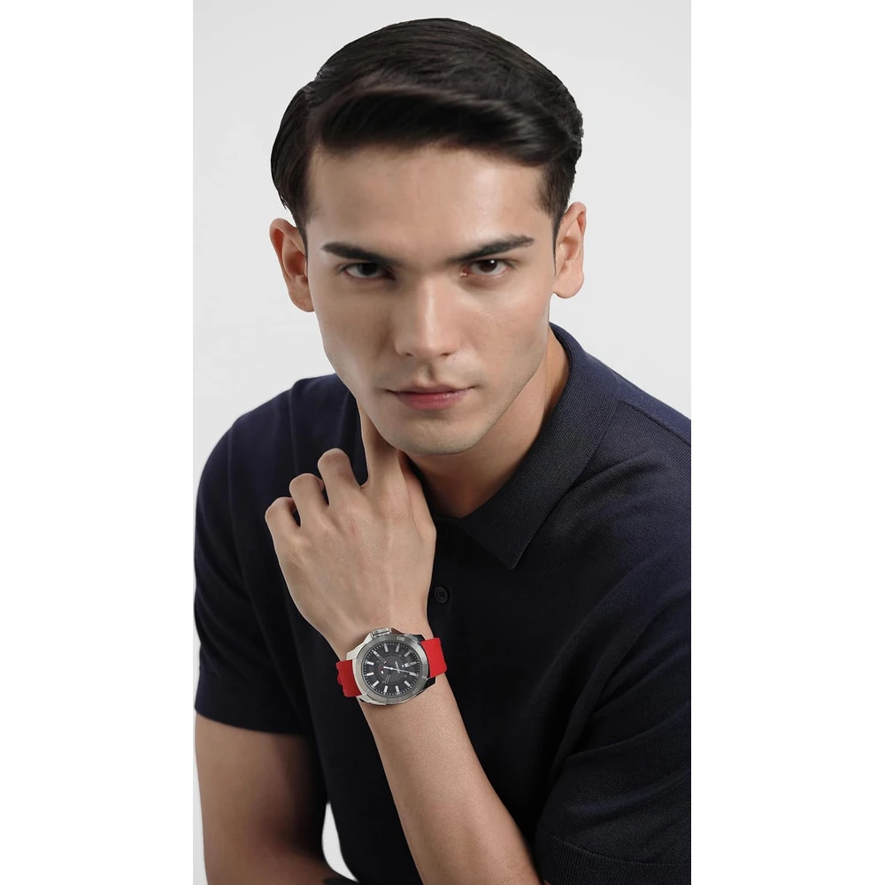 Tommy Hilfiger Men's Red Stainless Steel & Silicone Strap Black Dial Analog Watch - Image 2