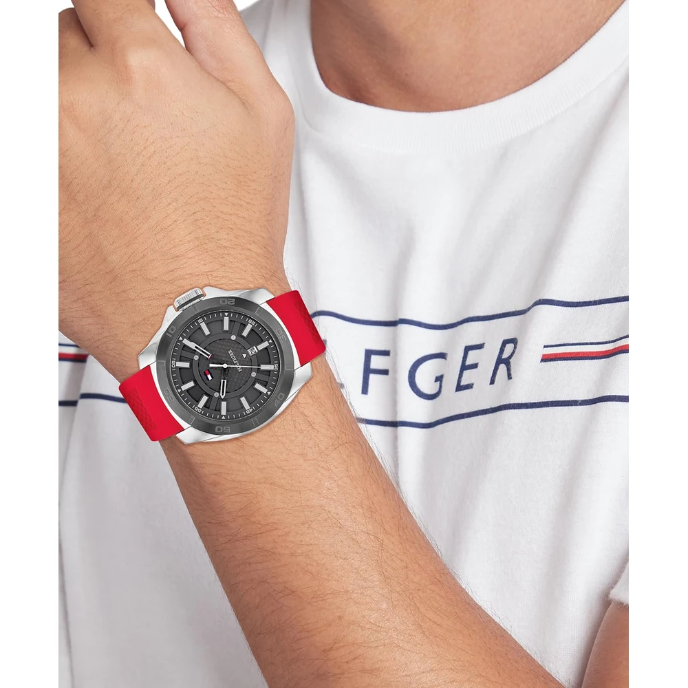 Tommy Hilfiger Men's Red Stainless Steel & Silicone Strap Black Dial Analog Watch - Image 3