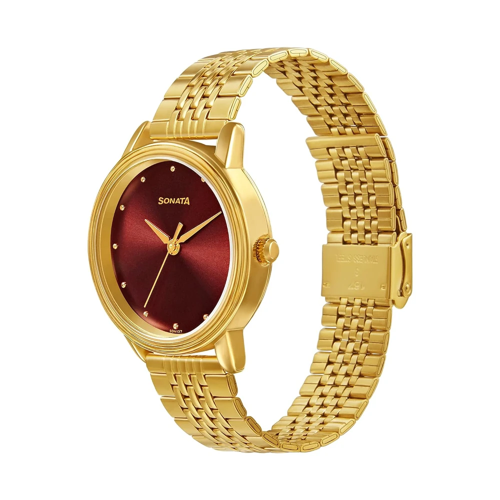 Sonata Gold Edit Maroon Dial Gold Stainless Steel Strap Watch for Women - NT8175YM03 - Image 3
